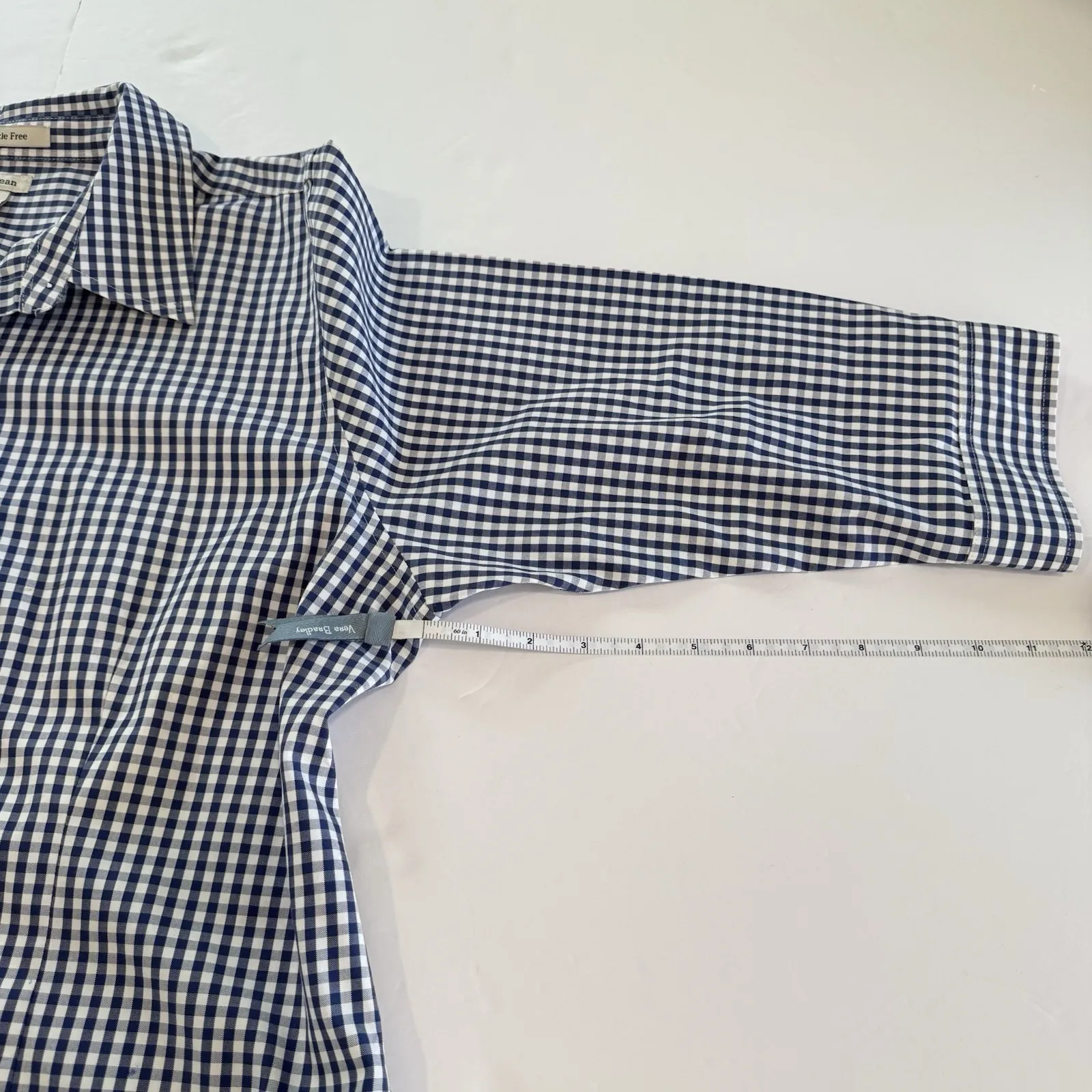 LL Bean Blue Gingham 3/4 Sleeve Wrinkle Free Pinpoint Oxford Shirt LARGE PETITE Size undefined - Image 8