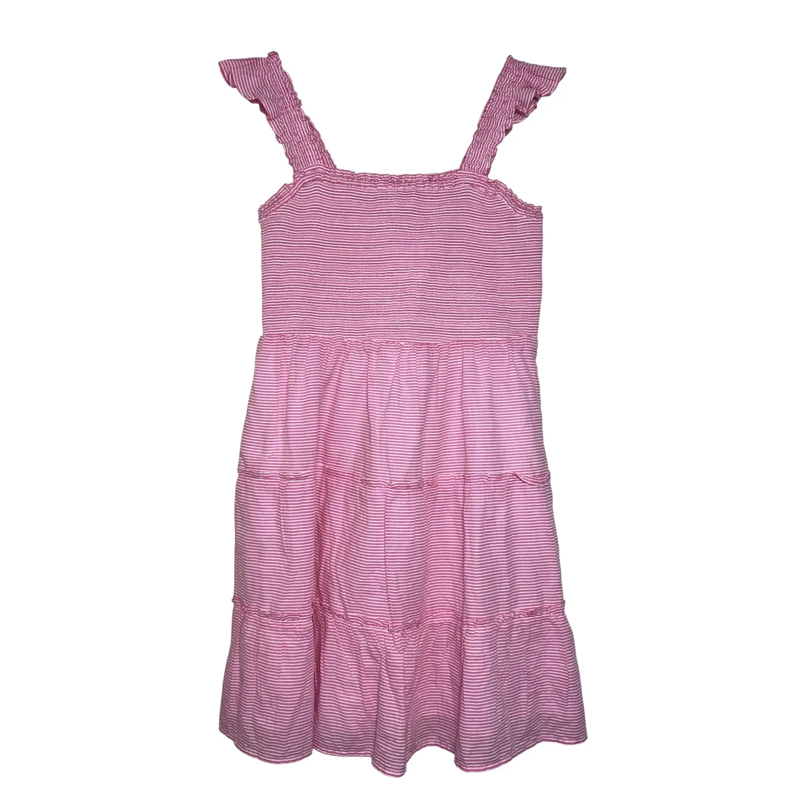 J Crew Striped Smocked Tiered Mini Dress Womens‎ Large Ruffle Strap Striped Pink - Image 4