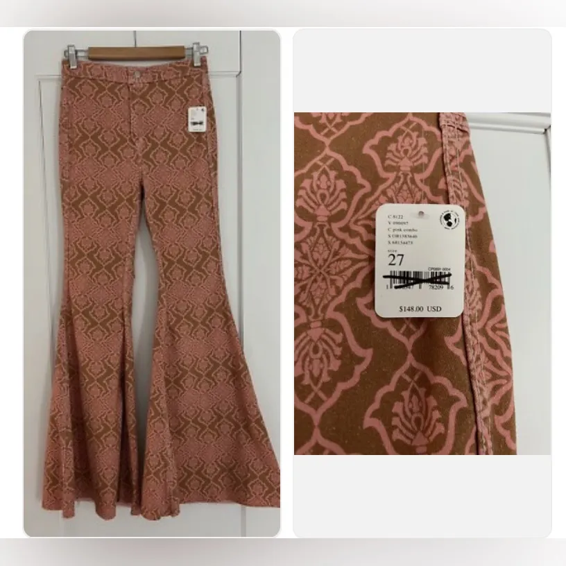 Free People Throw It Back Reversible Flares High Rise Pink Orange Jean - Image 7