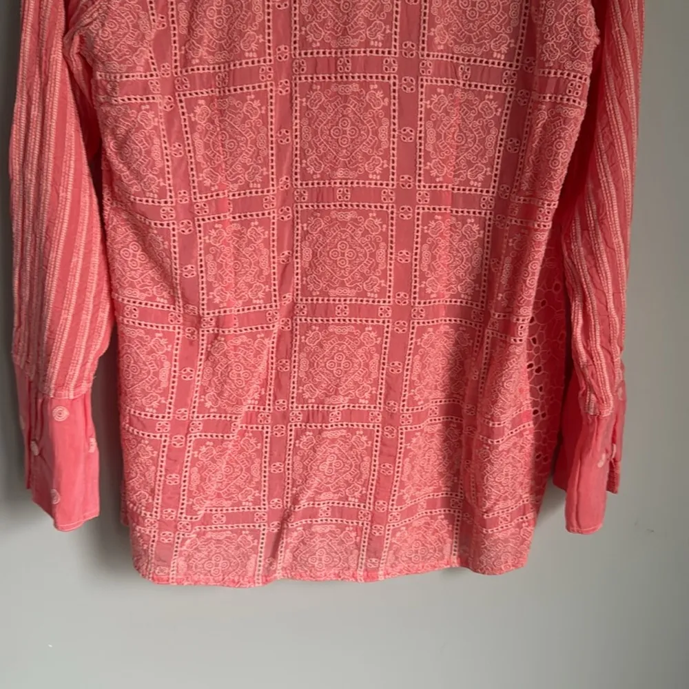 Johnny Was NYX Button Down Embroidered Eyelet Shirt Tunic in Coral Sunset Medium - Image 11