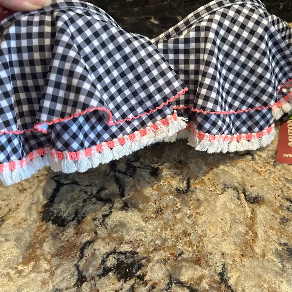 Black White Gingham Bikini Top Sz M Push Up Underwire Ruffled Tassels Pink New - Image 3
