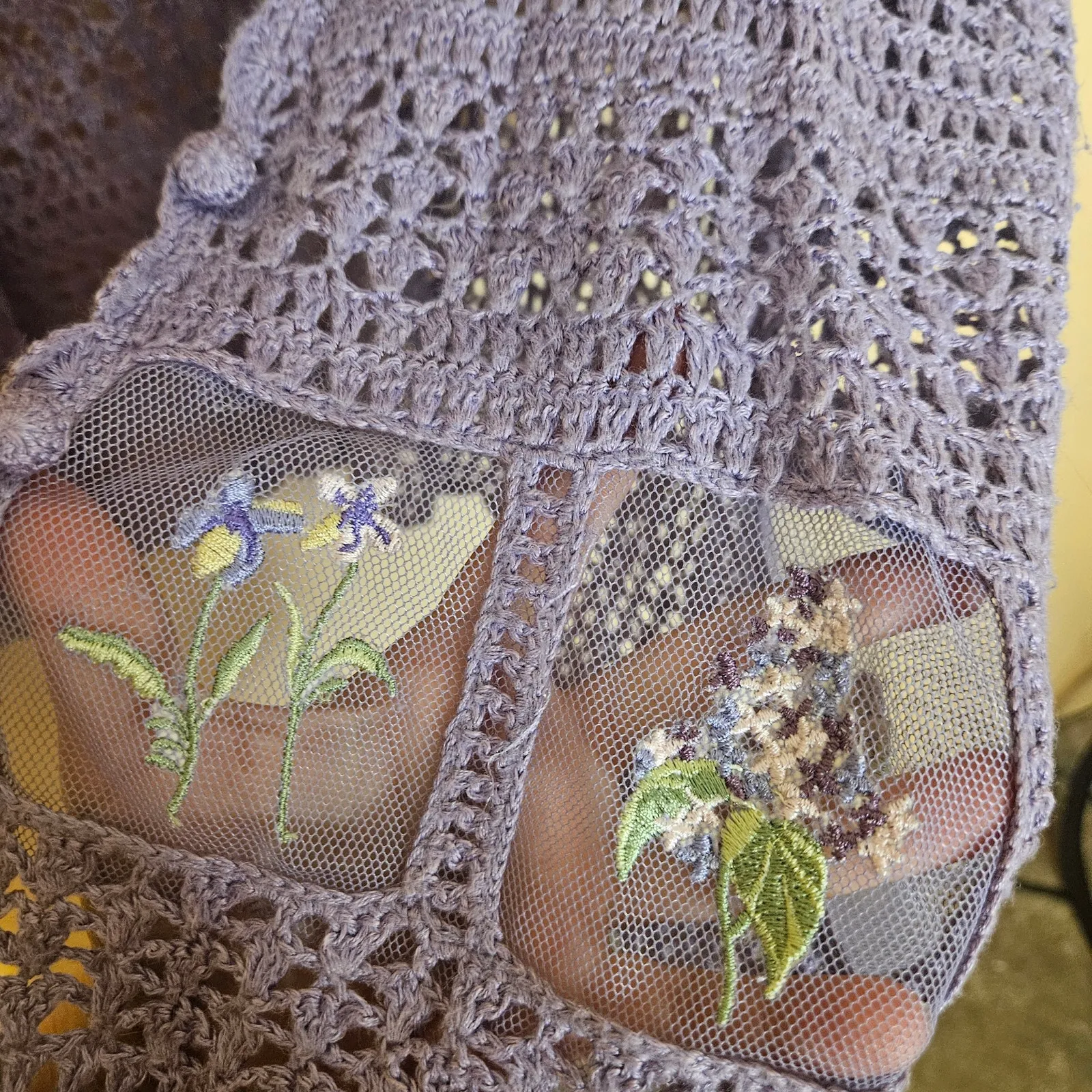 Teddi Knit Cardigan Sheer Purple Ramie Rayon Floral Size Extra Large Vintage XL - Image 5