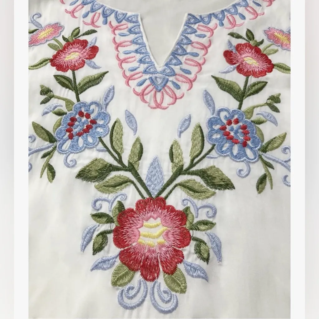 NEW Mexican Embroidered Boho Peasant Floral Shirt Tunic Blouse Top S White - Image 3