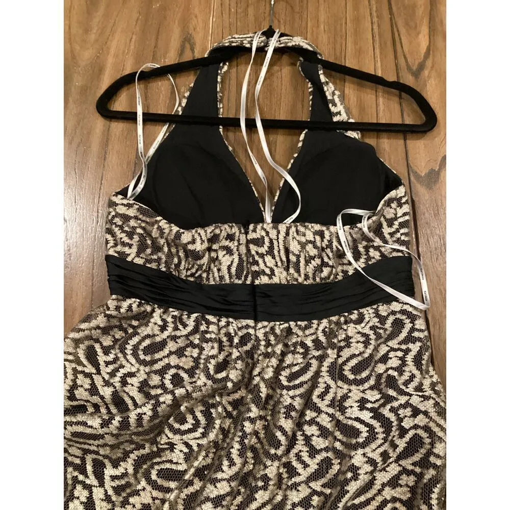 Kay Unger Halter Plunge Neck silk lace Maxi Dress gown Black gold Whimsigoth 6 - Image 9