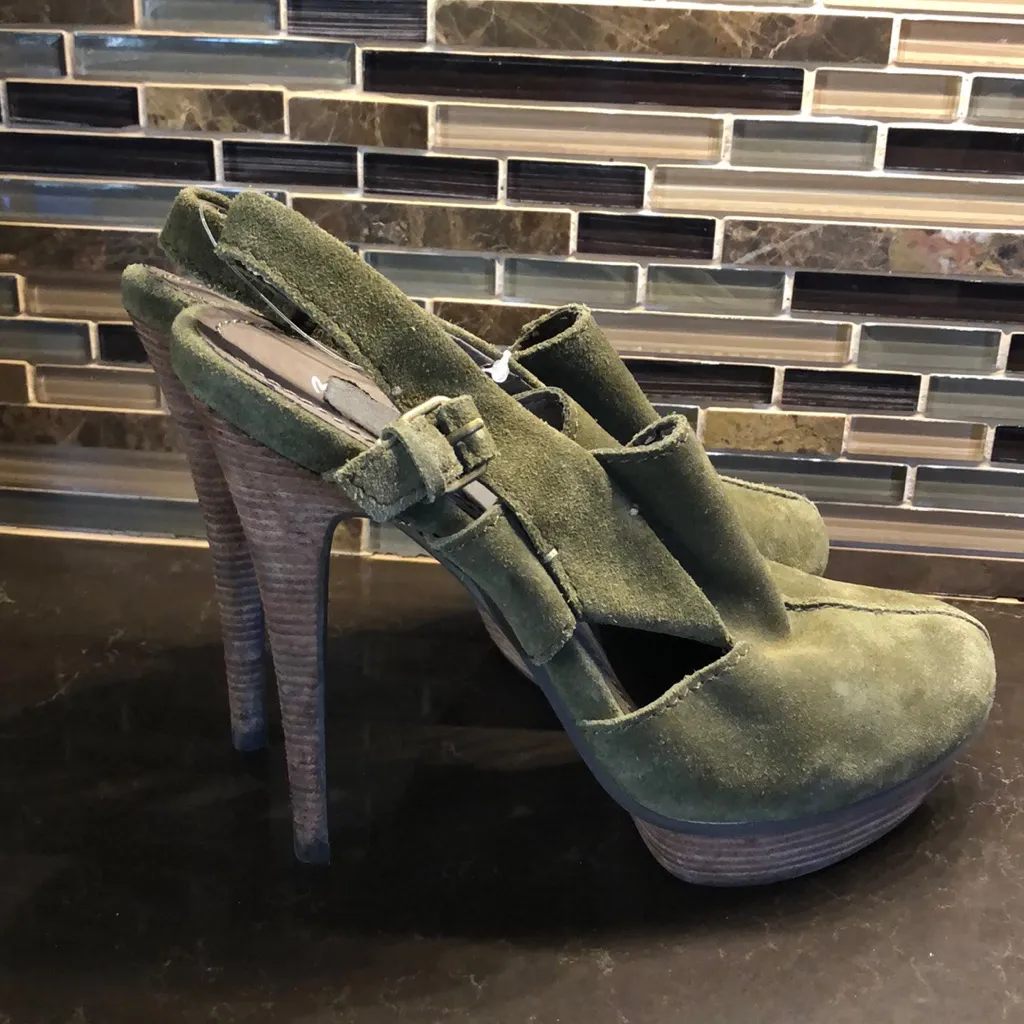 Miss Robertson moss suede wood platform heels‎ Green Size 9.5 - Image 3