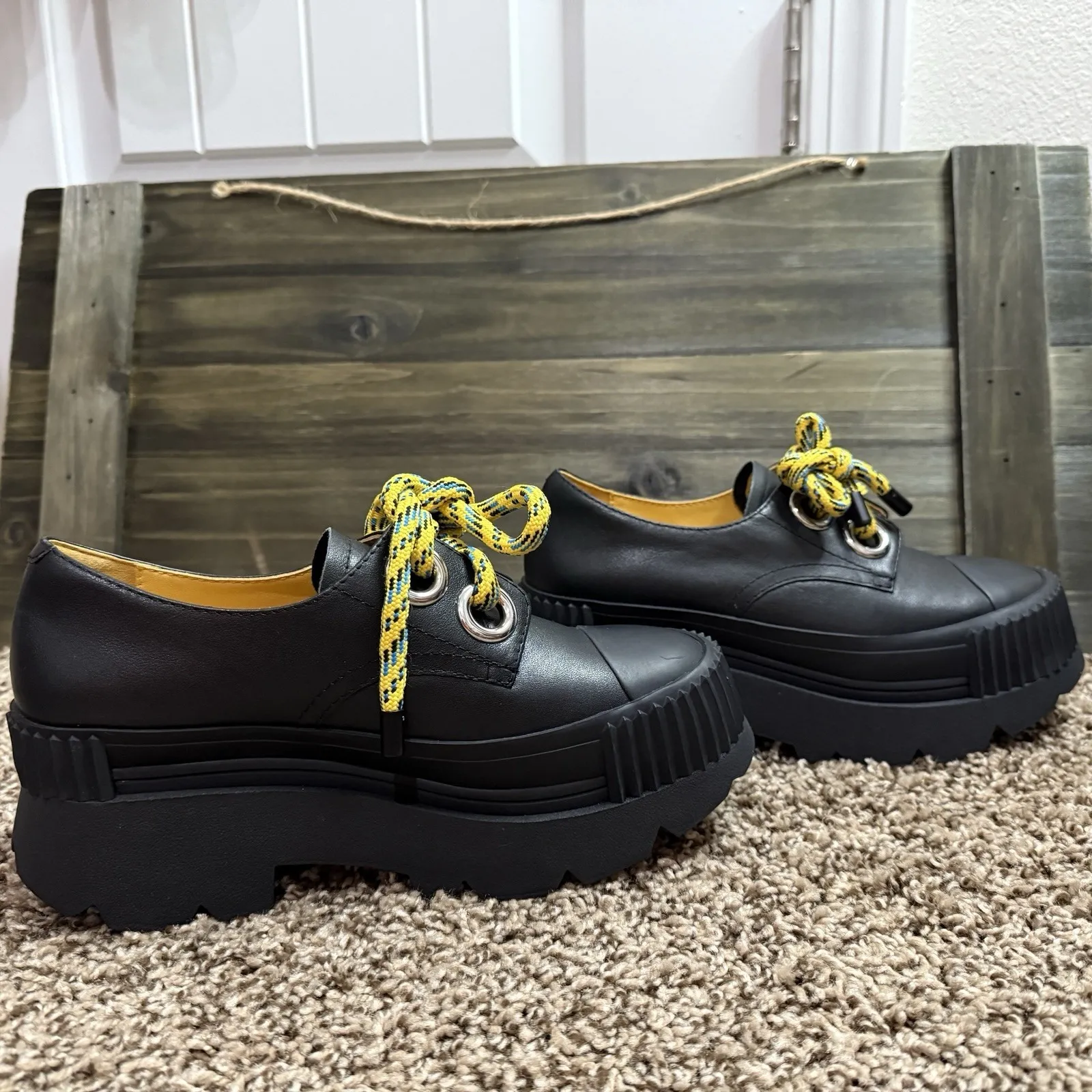 4CCCCEES ESKER ERA Black Womens 37 US 6.5 Chunky Platform Derby Shoes Leather‎ - Image 2