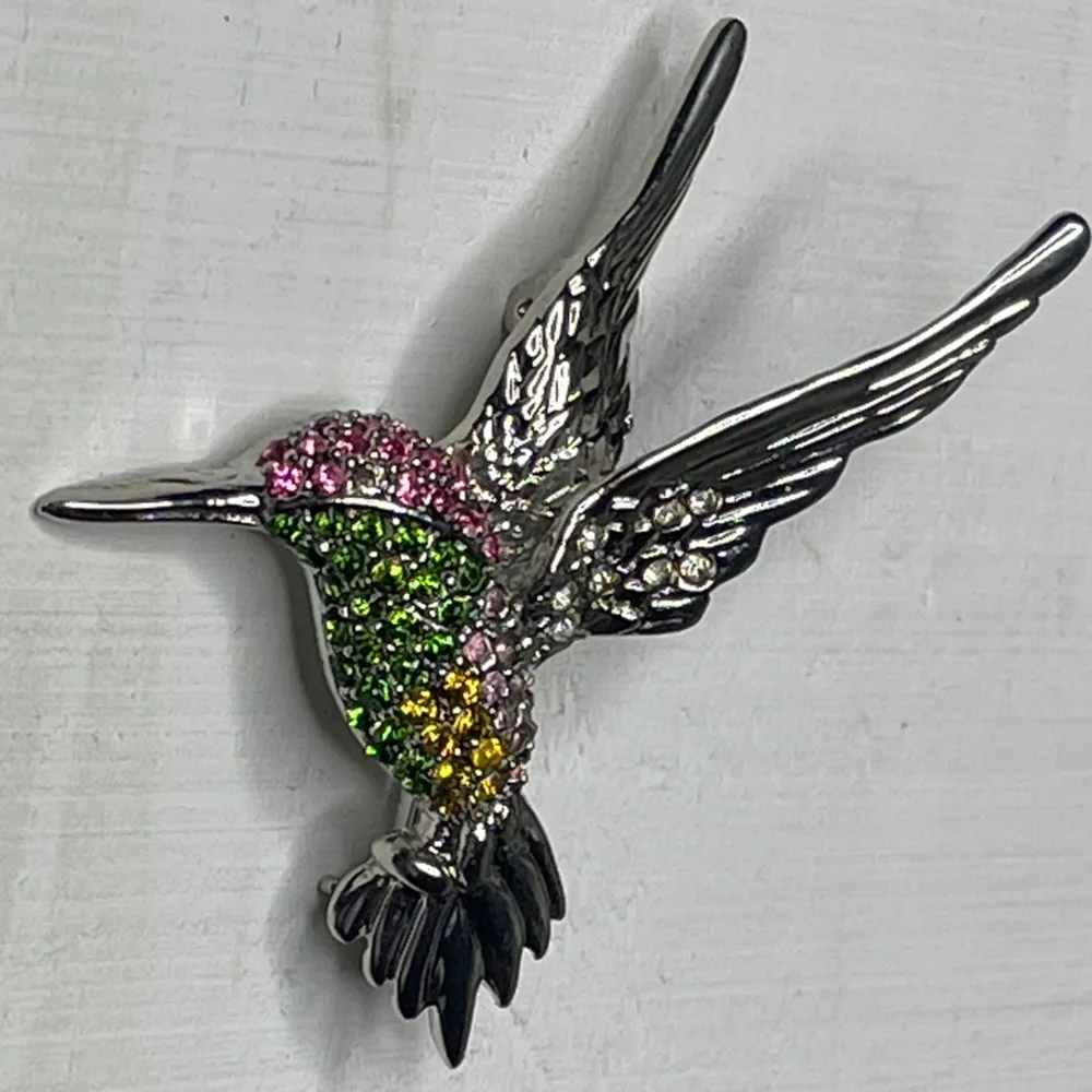 Hummingbird pin, pink, green, yellow rhinestones with a silver body - Image 3