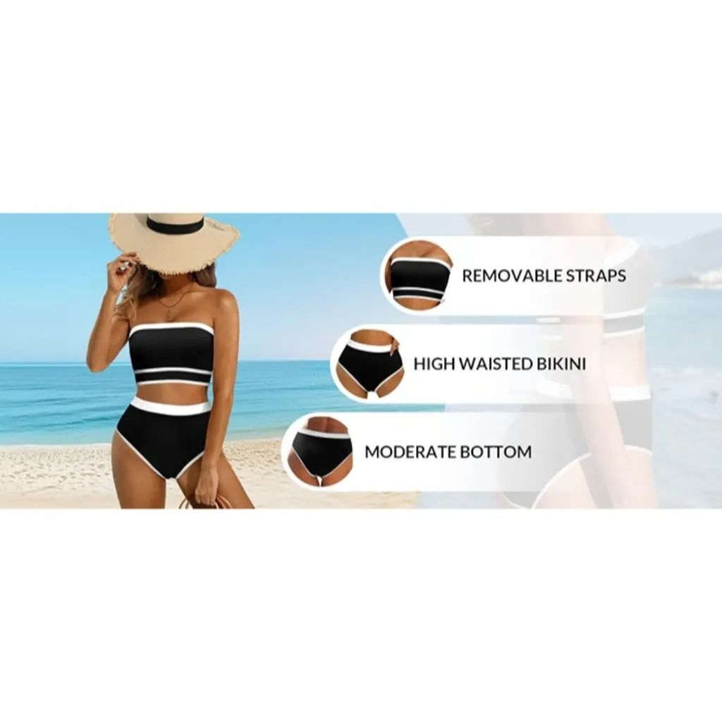 Yonique Bandeau Bikini Strapless Swimsuit Two Piece High Waisted MEDIUM Black - Image 6