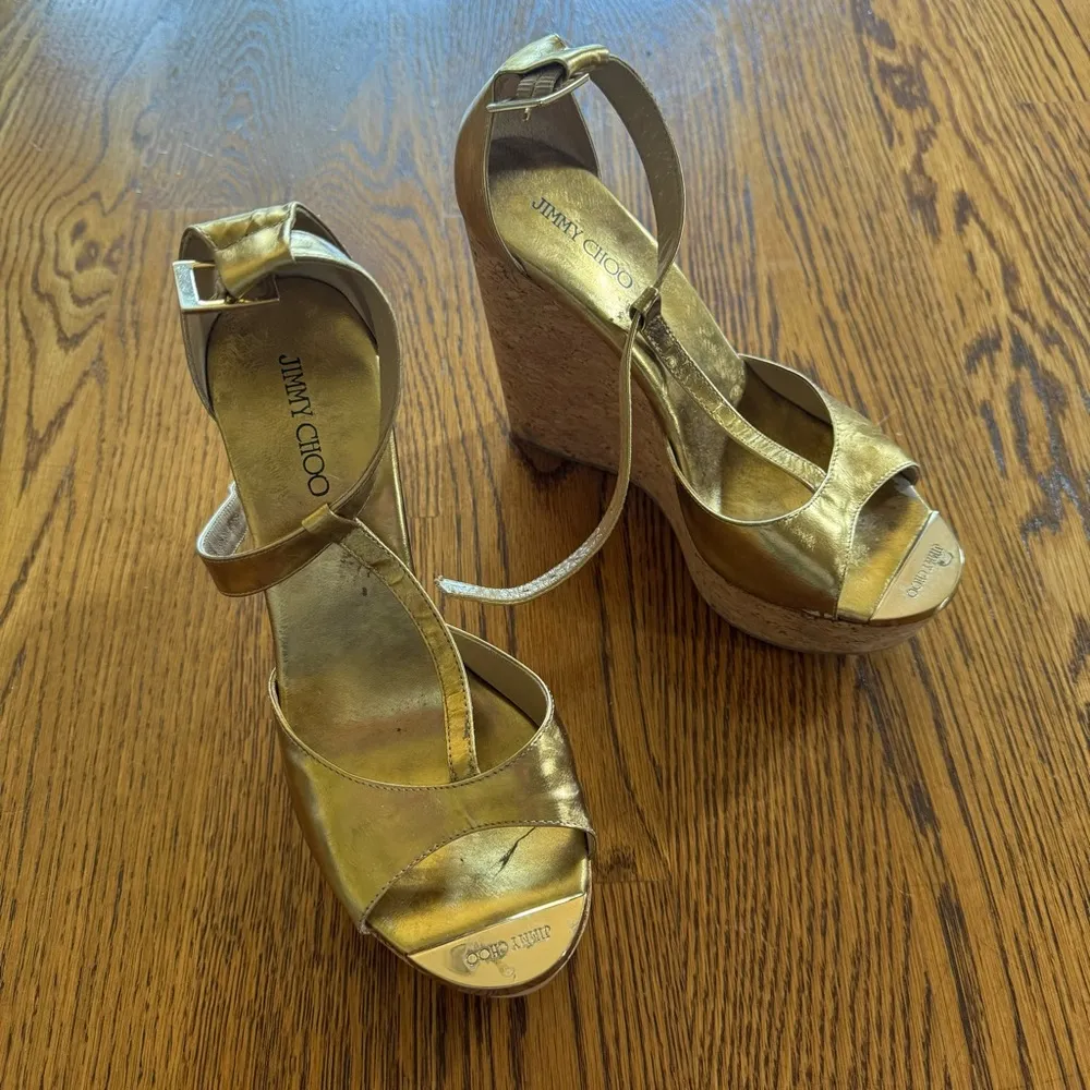 JIMMY CHOO Pela Gold Leather & Cork Wedges | Size 38 - Image 2