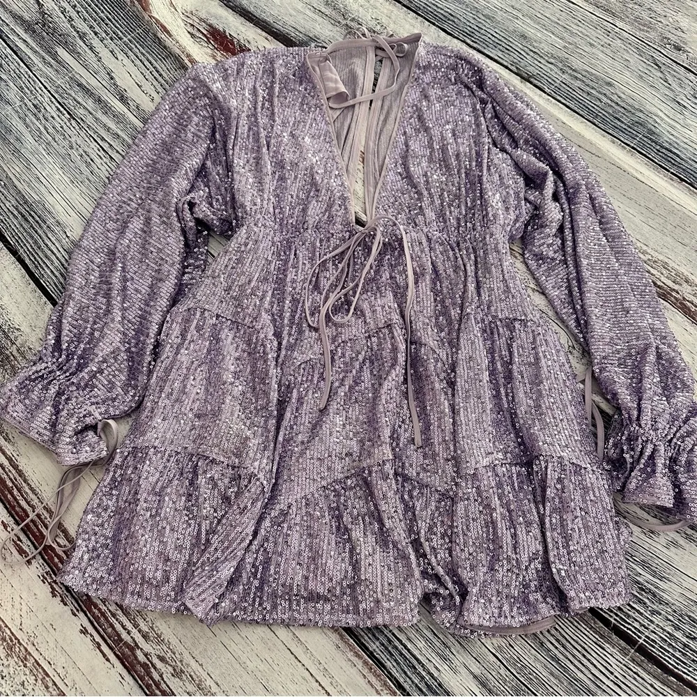 ASOS DESIGN Embellished Tiered Mini Dress with Tie Detail in Lilac Sequin - Image 2