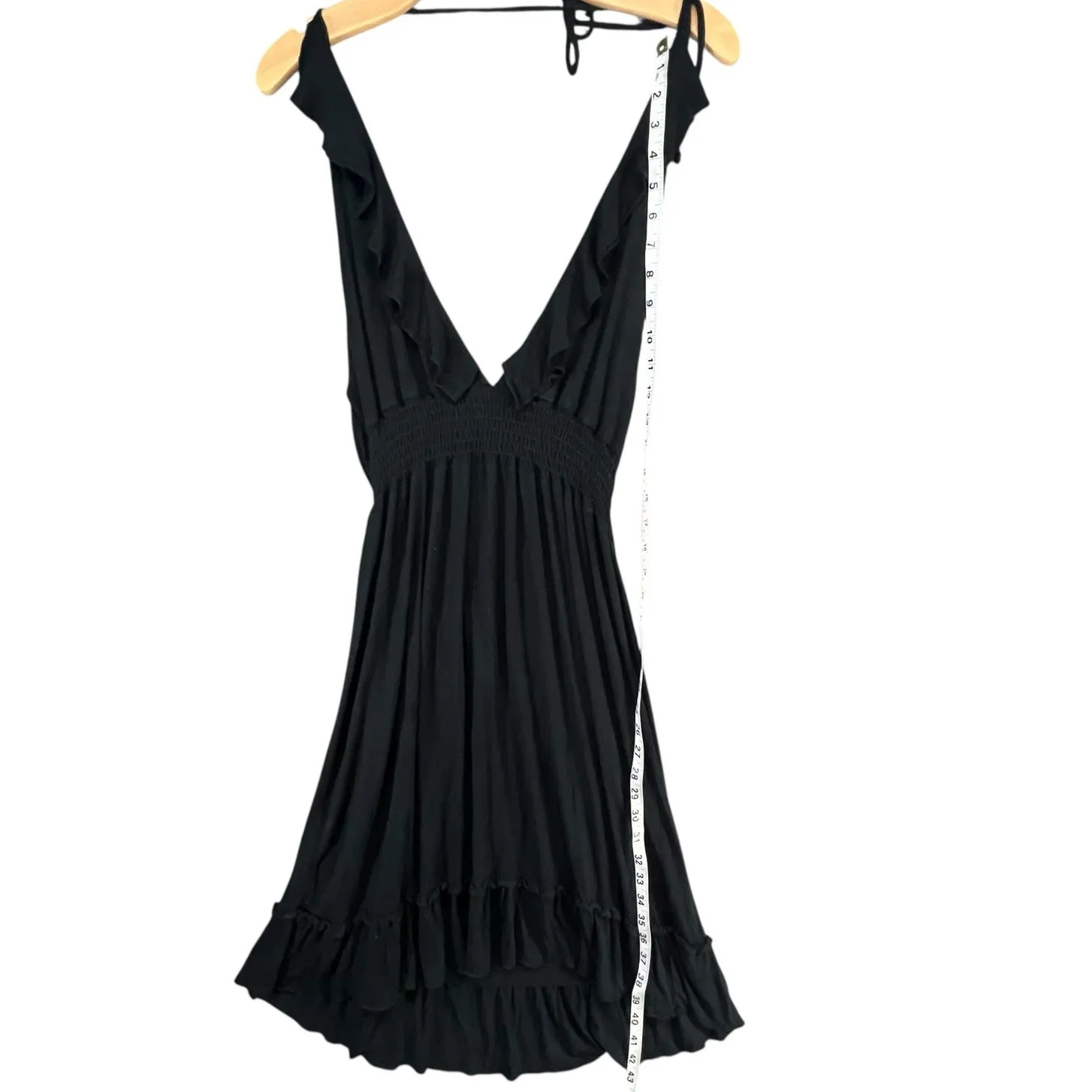 Velvet Torch Y2K Plunge Halter Dress Womens L Black Ruffle Smocked Summer Flirty - Image 8