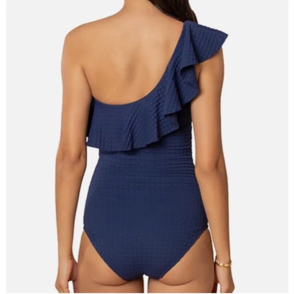 SHOSHANNA Swimsuit Size 4 One Piece Navy One Shoulder Ruffle Textured NWT Swim - Image 2