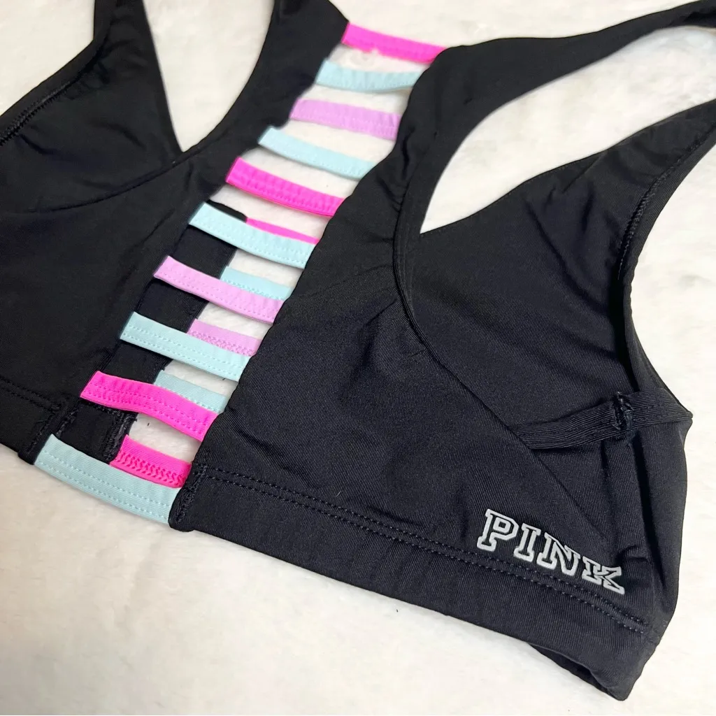 VS PINK Ultimate Sports Bra Size Small Black with Pink & Blue Strappy Cut Out - Image 8