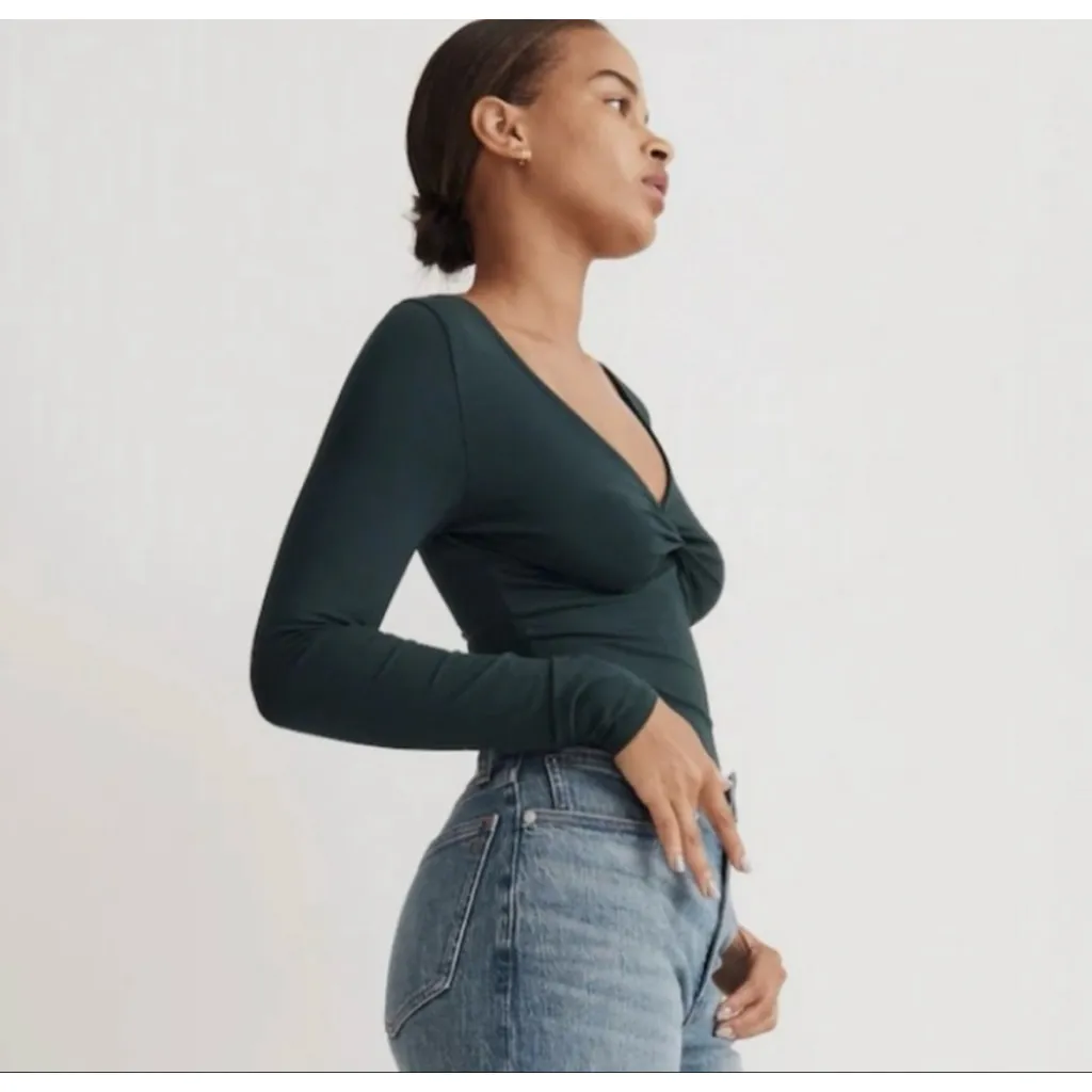 Madewell Twist Front Long Sleeve Top Green XS Fitted V-Neck ~ Size XS - Image 2