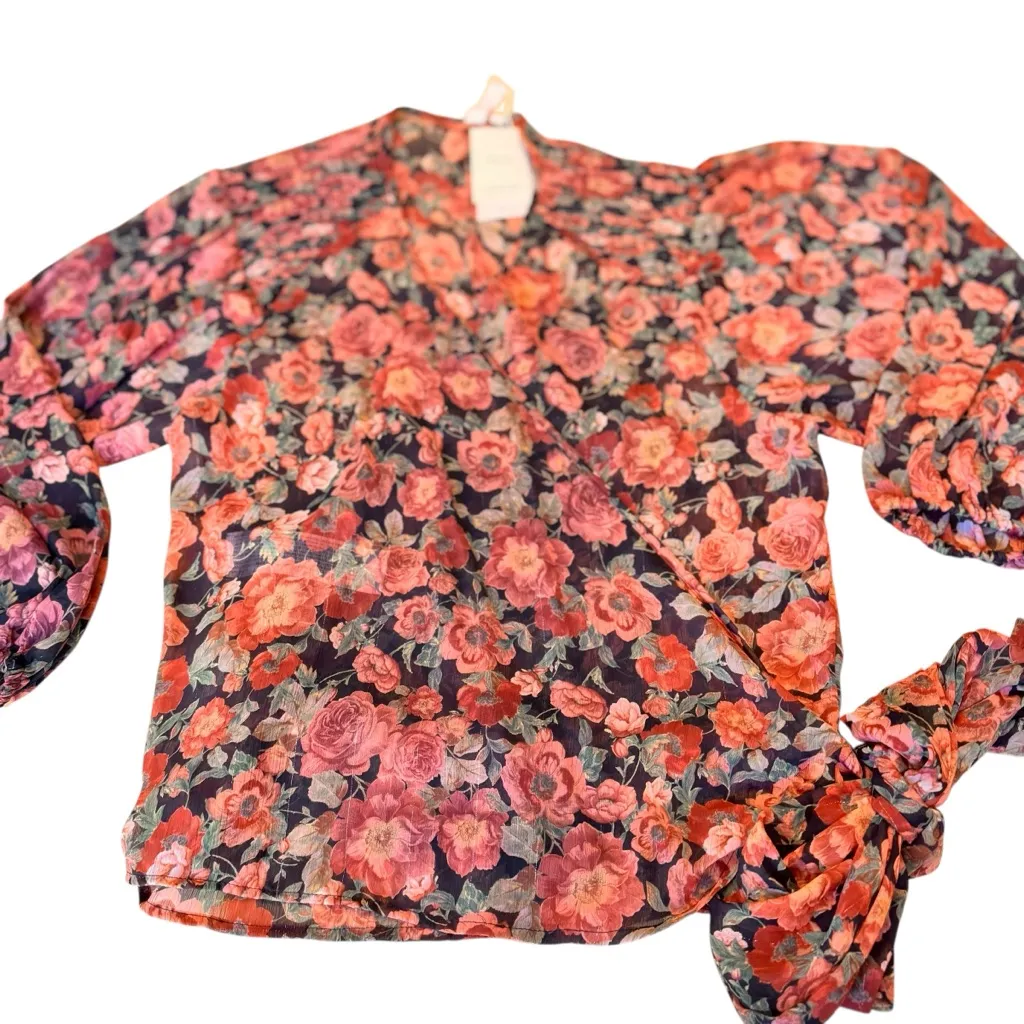 MNG Mango Committed Sheer Floral Wrap Blouse Black Pink Red Roses US 8 is NWT - Image 6