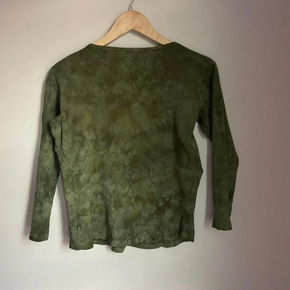 Y2K Women's Green Tie Dye Bedazzled 3/4 Sleeve Shirt sz XS - Image 2