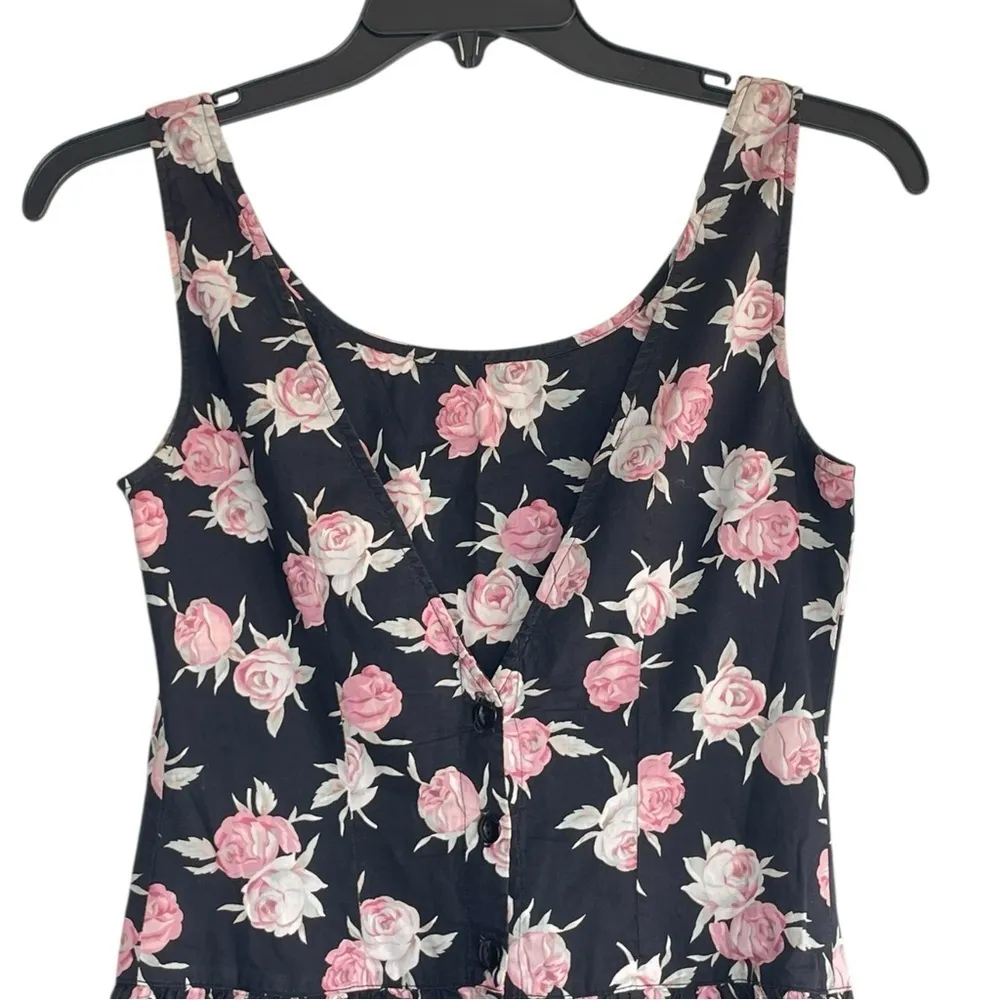 Eileen West Vintage Floral Sleeveless Midi Dress Size 10 Black Pink Rose Cotton - Image 7