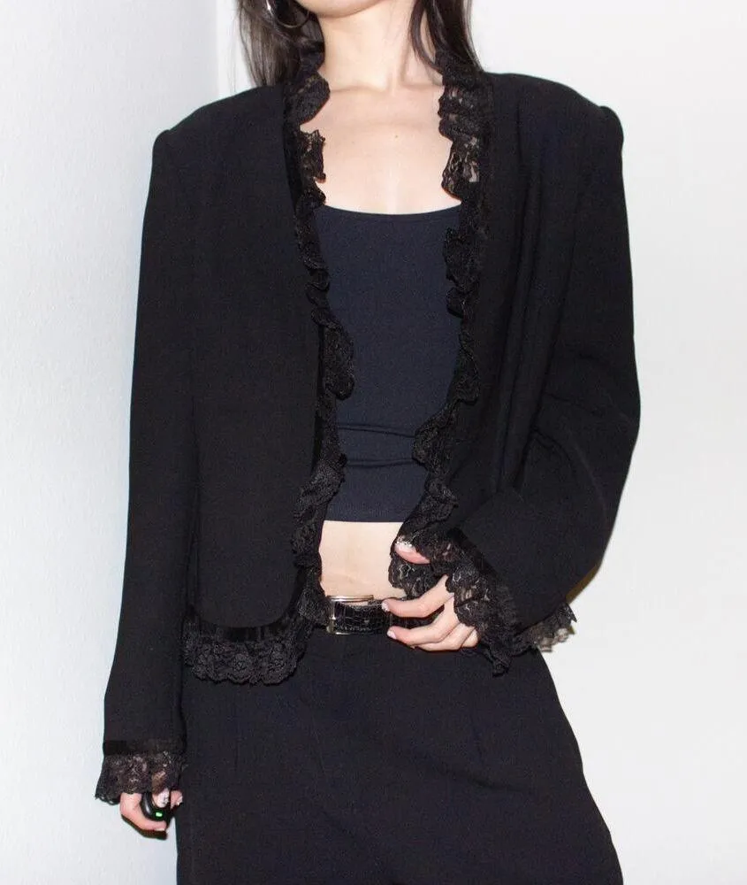 vintage 90s black frilly lace trim single button minimalist boxy blazer jacket Size M - Image 2