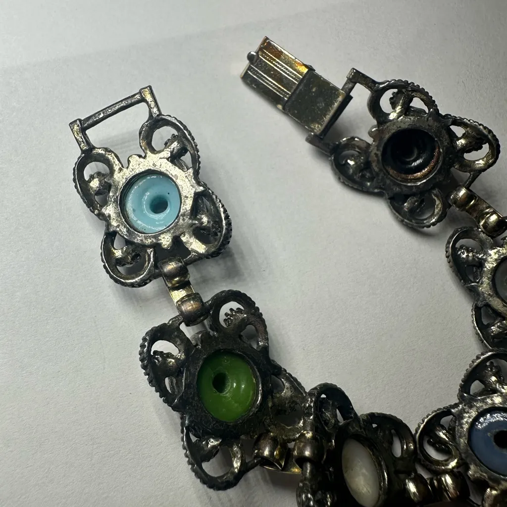 Antique 1920s Czech 800 Silver Wedding Cake Glass Bracelet Genuine Seed Pearls - Image 4