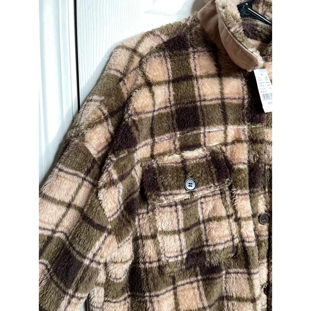 NEW PACSUN Womens Plaid Fuzzy Fury Cosy Jacket Shacket Size XS/S Brown - Image 4