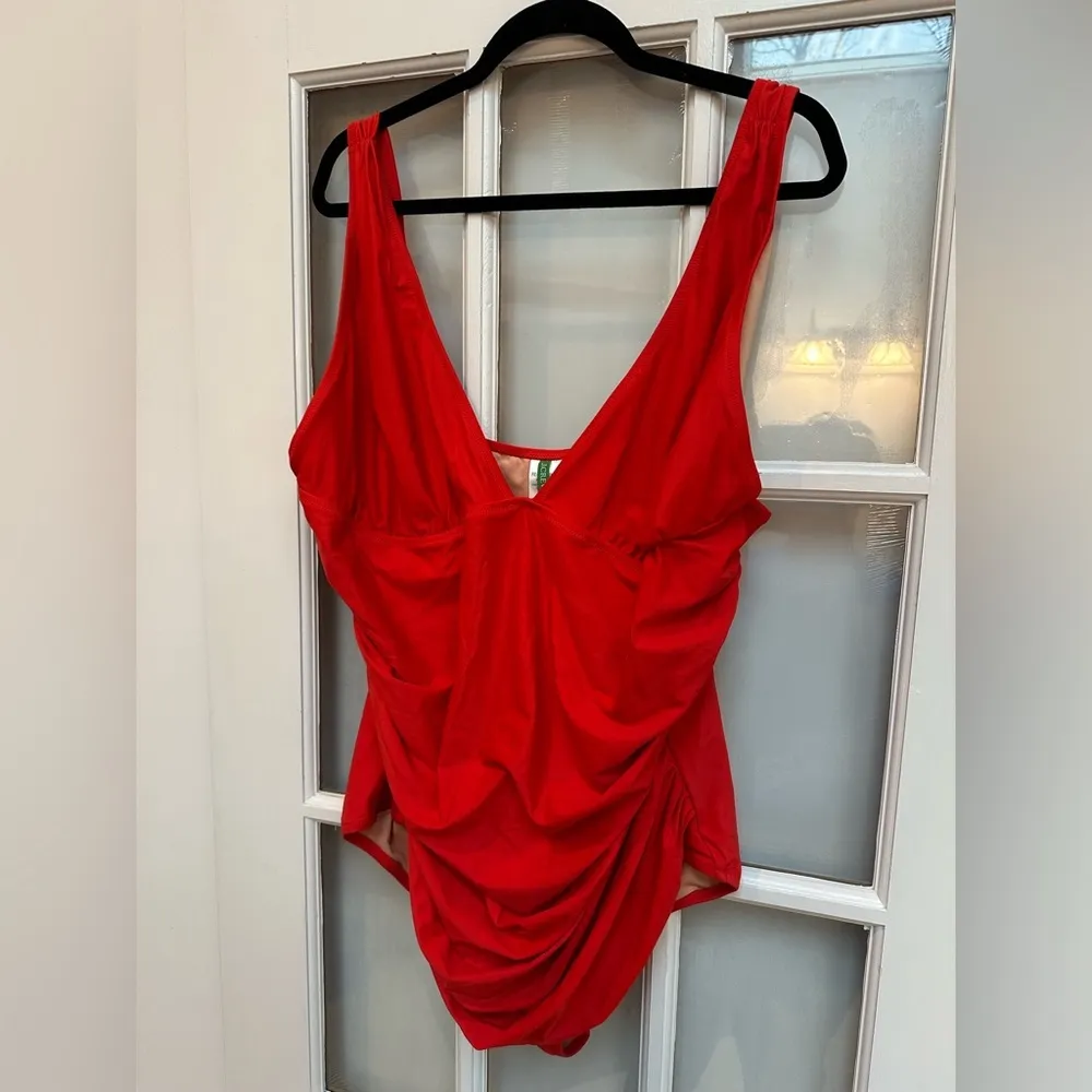 J. Crew Ruched V-neck One Pice Vibrant Bright Cerise Swimsuit Plus Size 24 - Image 3