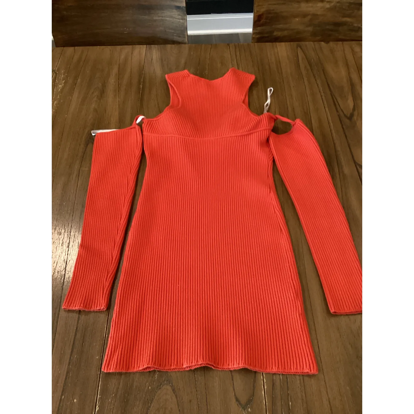 Herve By Herve Leger Orange Ribbed Knit Long Sleeve Cold Shoulder Mini Dress M - Image 9