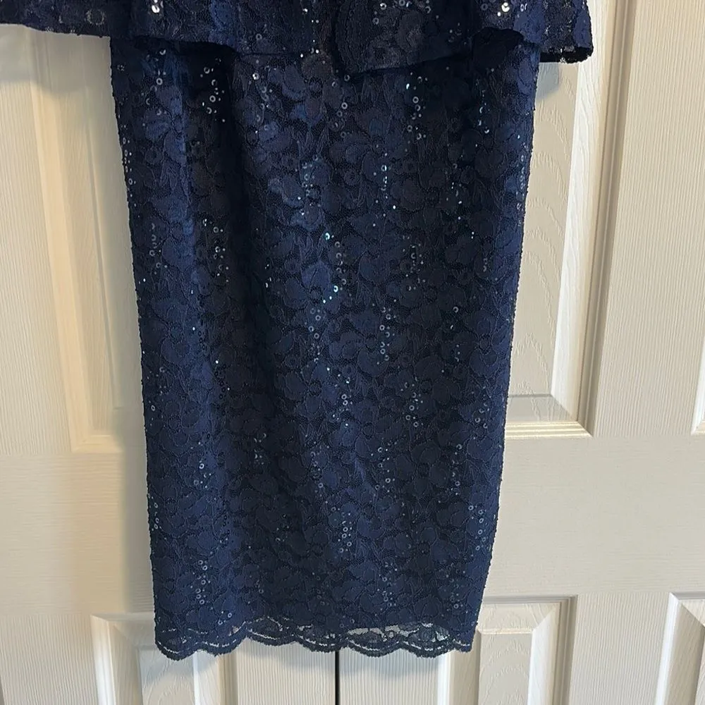 SLNY Women’s Elegant Navy Lace & Sequined Dress and Jacket Set - Size 14 - Image 3