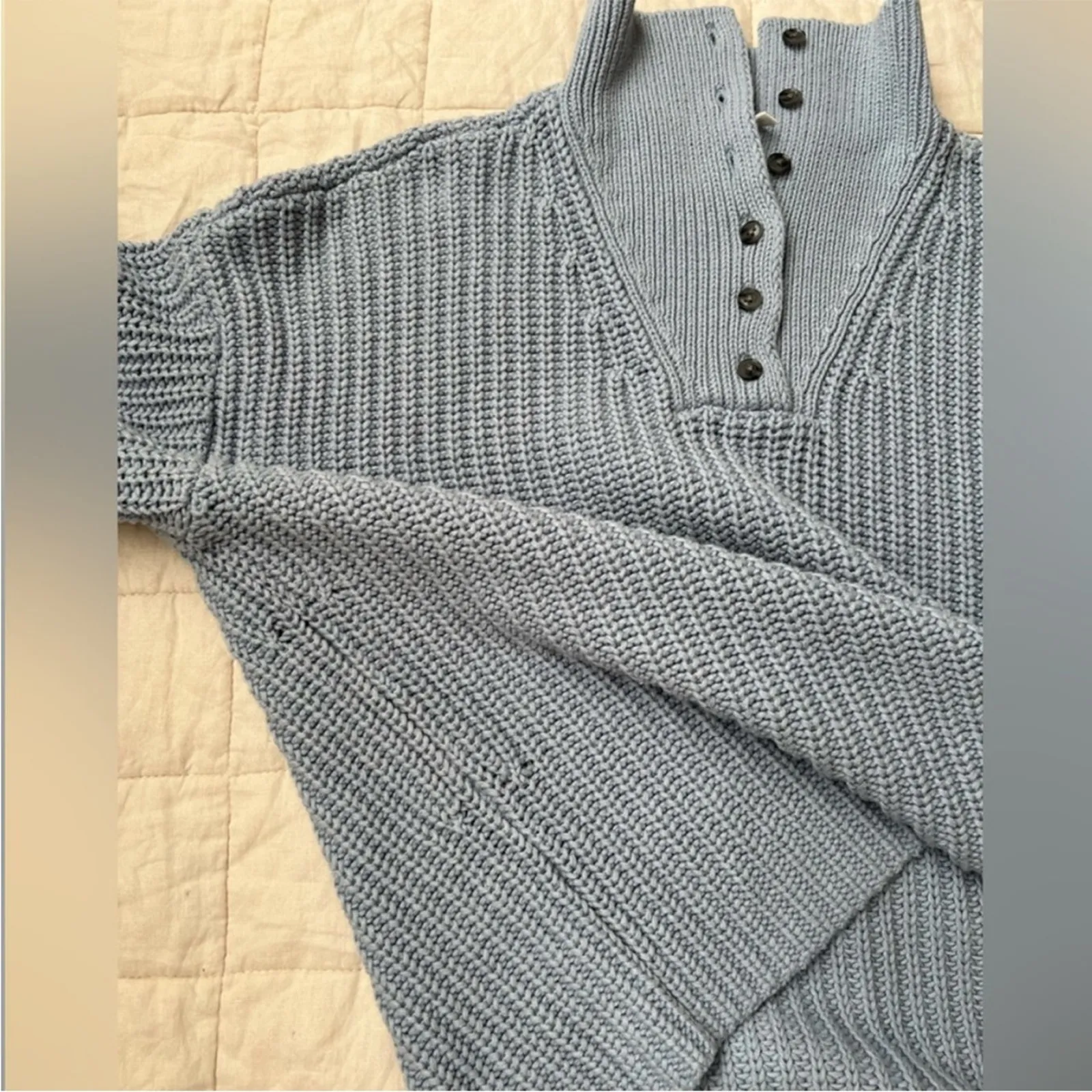 Blue Quarter Button V Neck Chunky Knit Sweater Fisherman Nautical Preppy - Image 3
