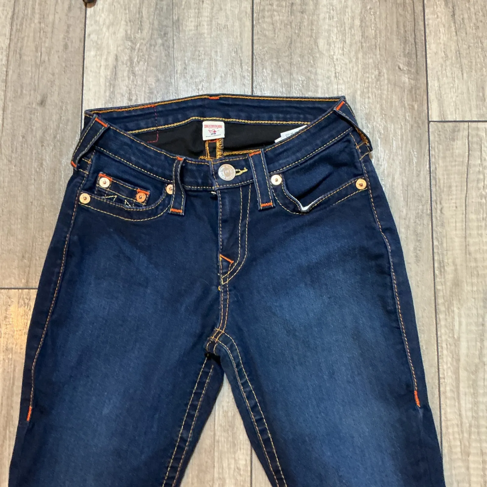 True‎ Religion World Tour Curvy Skinny Jeans Dark Wash Orange Stitching Size 26 - Image 3