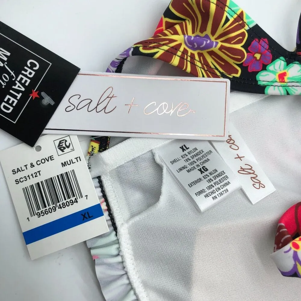 Salt + Cove Penny Lane Smocked Bandeau Bikini Top Floral Black Colorful XL - Image 5