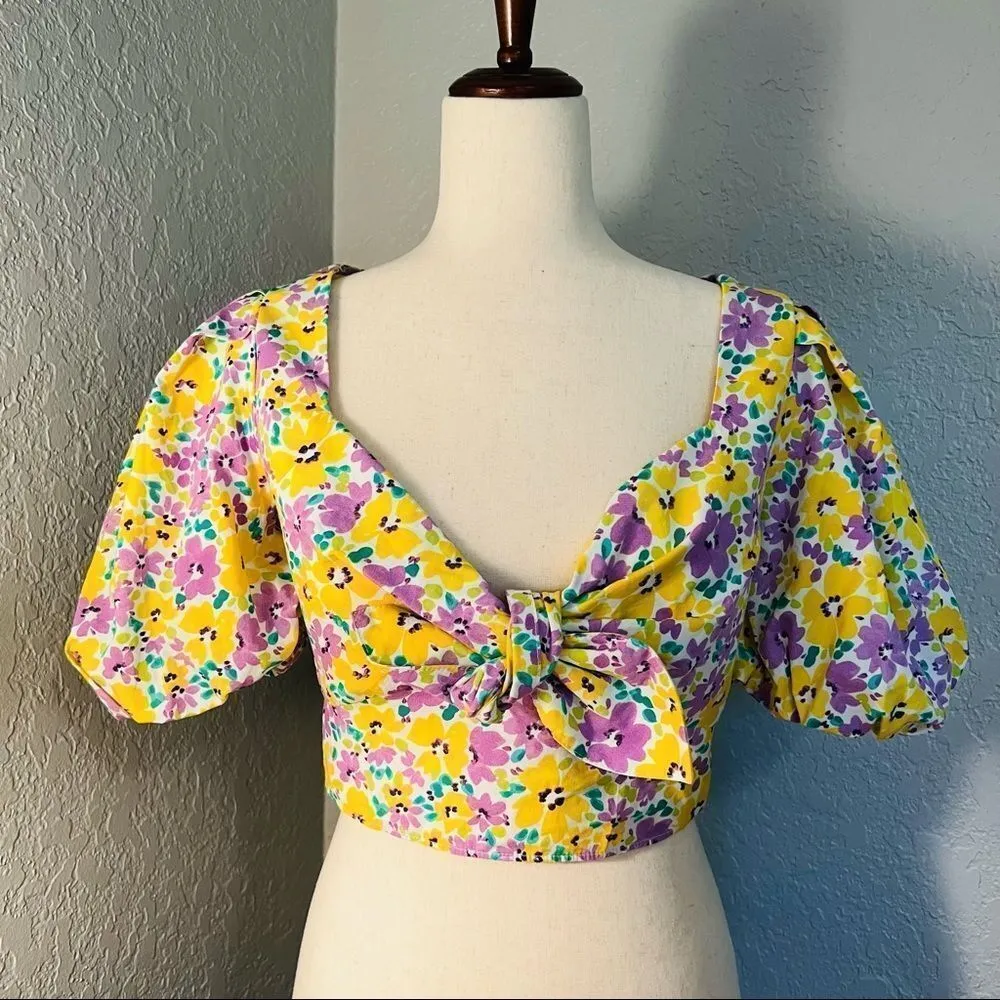 River Island Floral Print Puff Sleeve Crop Top, Yellow/Purple, Small/Size 4, NWT - Image 8