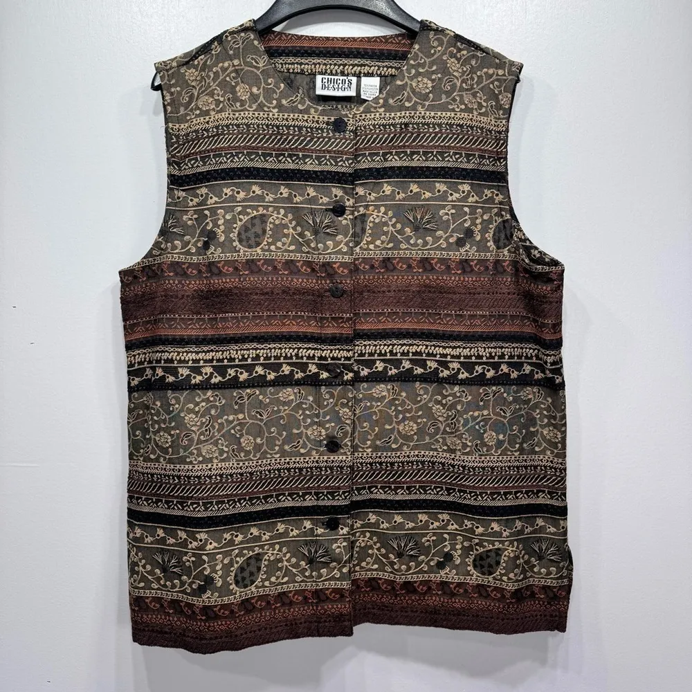 Chico’s Design Brown Black and Gold Paisley Tapestry Boho Southwestern Vest - Image 6