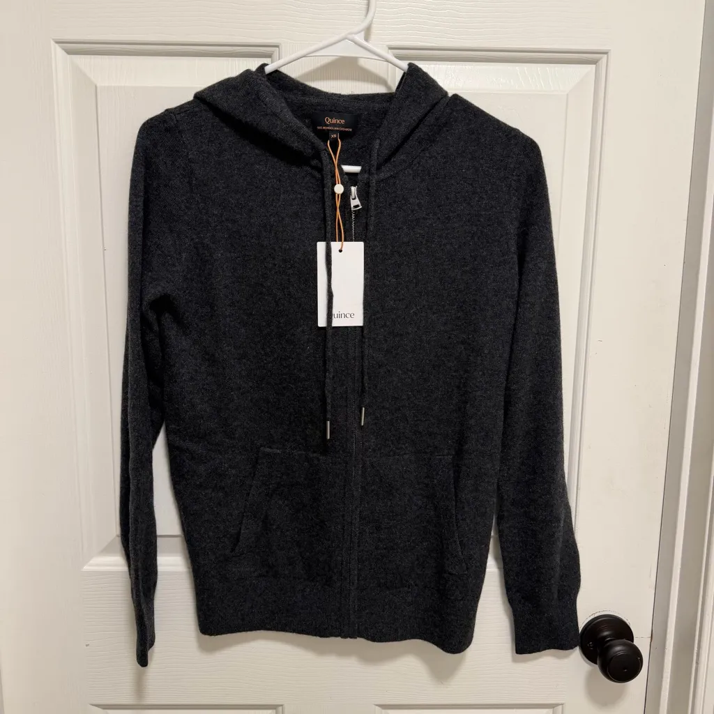 Quince 100% Mongolian Cashmere Hooded Zip Cardigan Sweater Gray Charcoal XS - Image 2