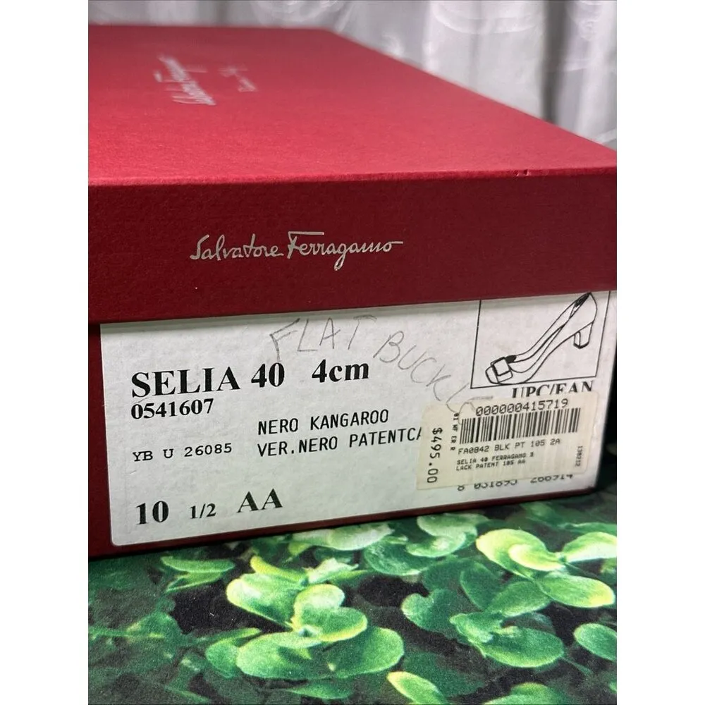 Salvatore Ferragamo Black Patent Leather Chunky Kitten Heels Pumps size 10 AA - Image 8