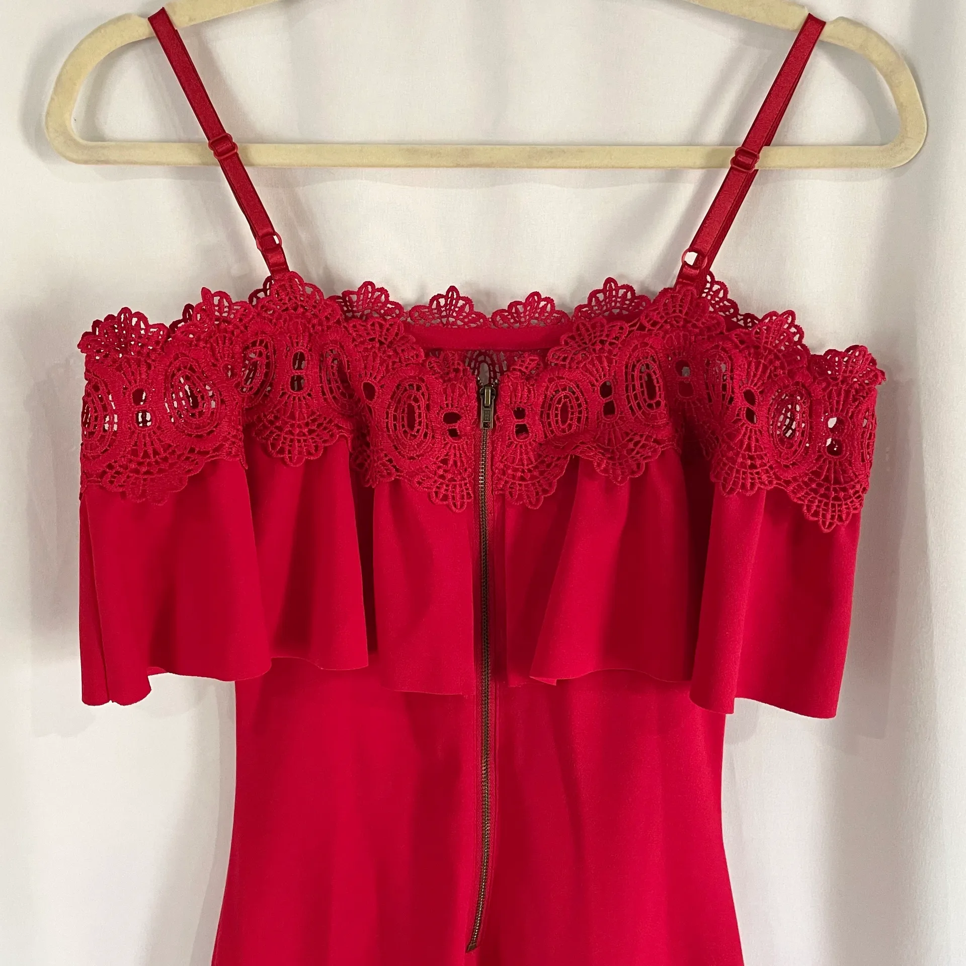 New  Lace Trim Ruffle Off Shoulder Spaghetti Strap Bodycon Dress Red - Image 14