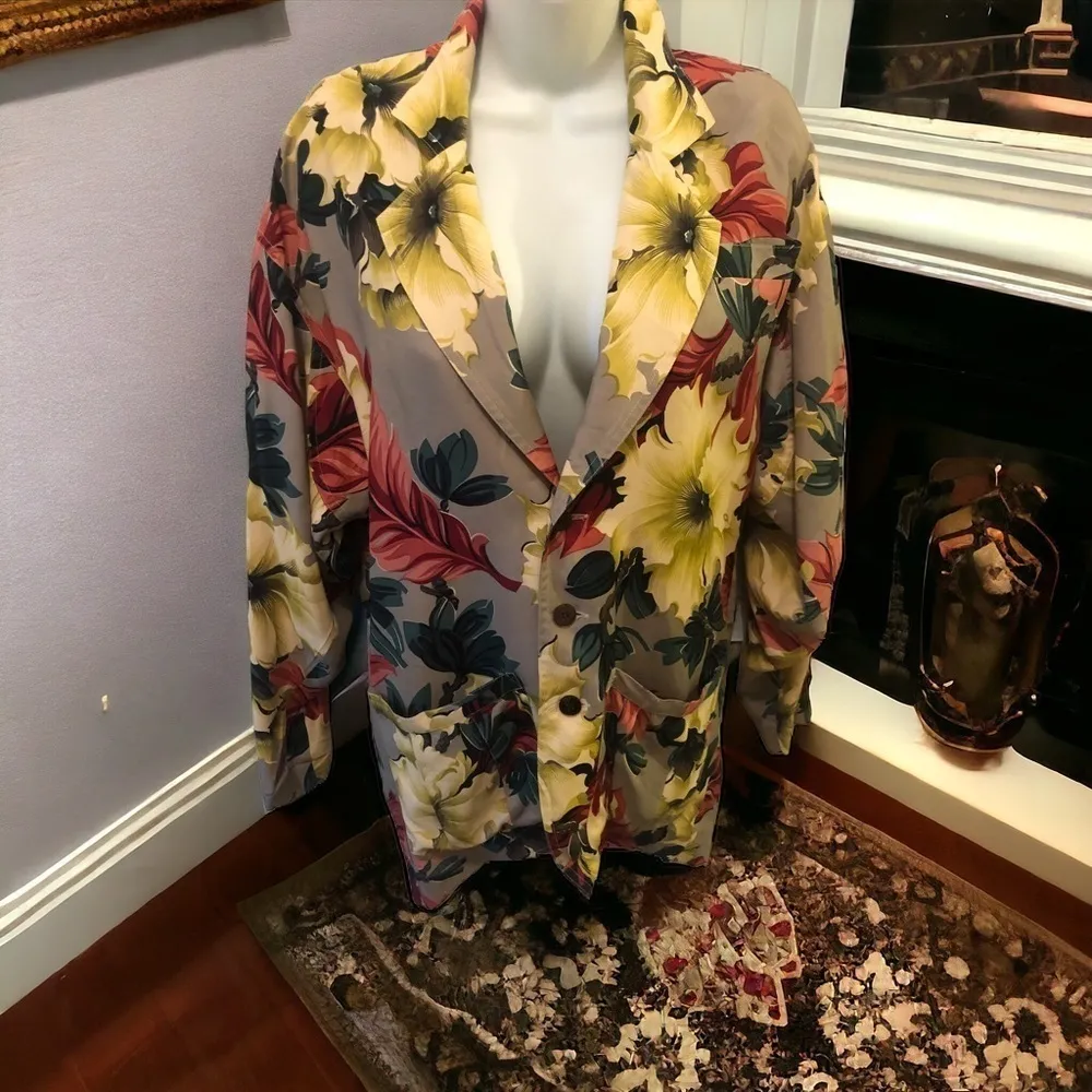 VTG Anne Pinkerton Blazer S Floral Hawaiian Print Coconut Girl White Lotus - Image 3