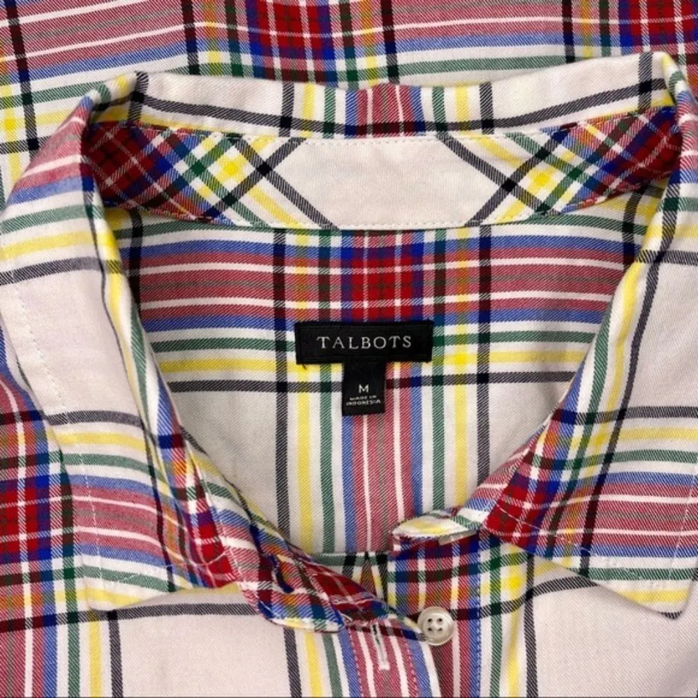Talbots Classic Cotton Plaid Button Down Shirt Medium White Red Yellow Blue - Image 10