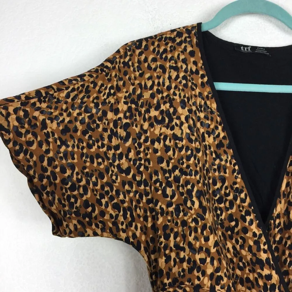 Zara Midi Wrap Dress Small Animal Print Brown Leopard Short Sleeve Casual - Image 9