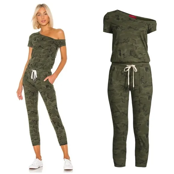 NEW! n:PHILANTHROPY Size XS Britton One-Shoulder Jumpsuit Green Black Camouflage - Image 2
