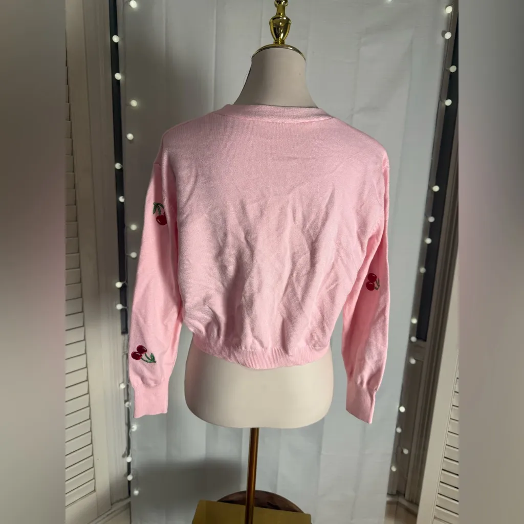 Pink Cherry Embroidered Cropped Cardigan Sweater Women’s Small Retro Cute - Image 2