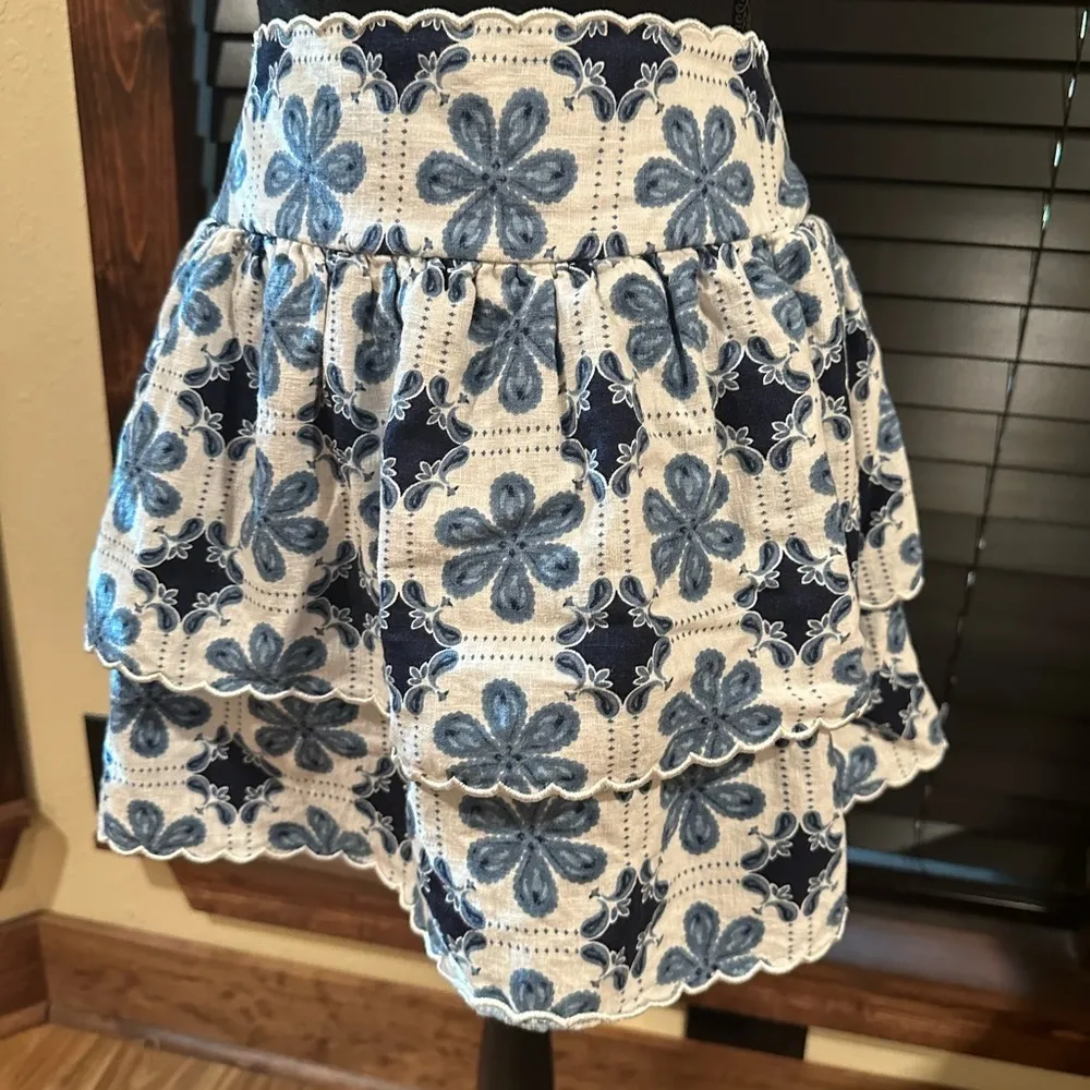 EUC AGUA BENDITA  Women's Coral Tile Print Tiered A-Line Mini Skirt Sz XL - Image 2