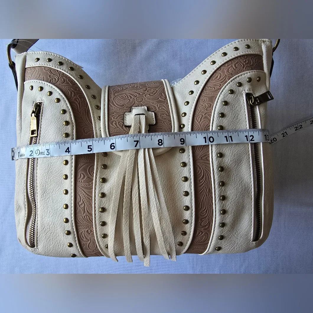 Western Style Embossed‎ Ivory/Tan Shoulder Bag Tan - Image 12