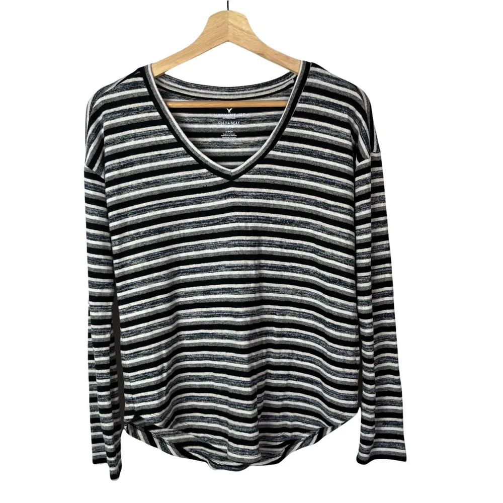 American Eagle AEO Soft & Sexy Plush Blue & Black Stripe Long Sleeve T-Shirt S - Image 14