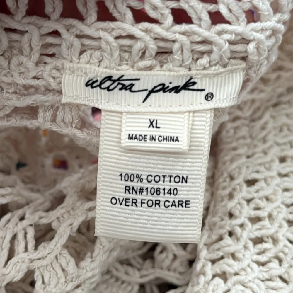 Ultra Pink Cream Open Weave Crochet Cotton Button Up Blouse Top - Image 3