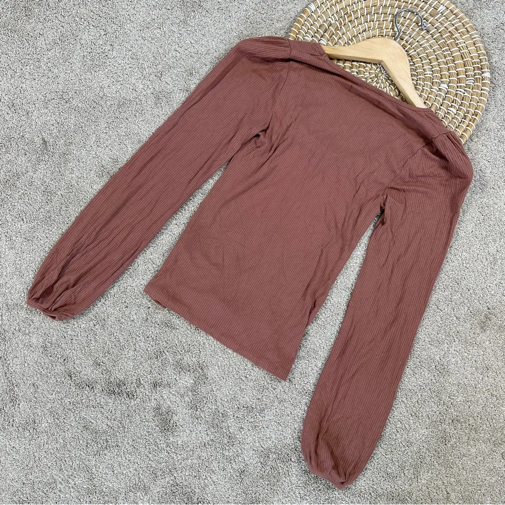 Abercrombie & Fitch Women’s Ribbed Puff Sleeve Longsleeve Shirt in Mauve M - Image 7