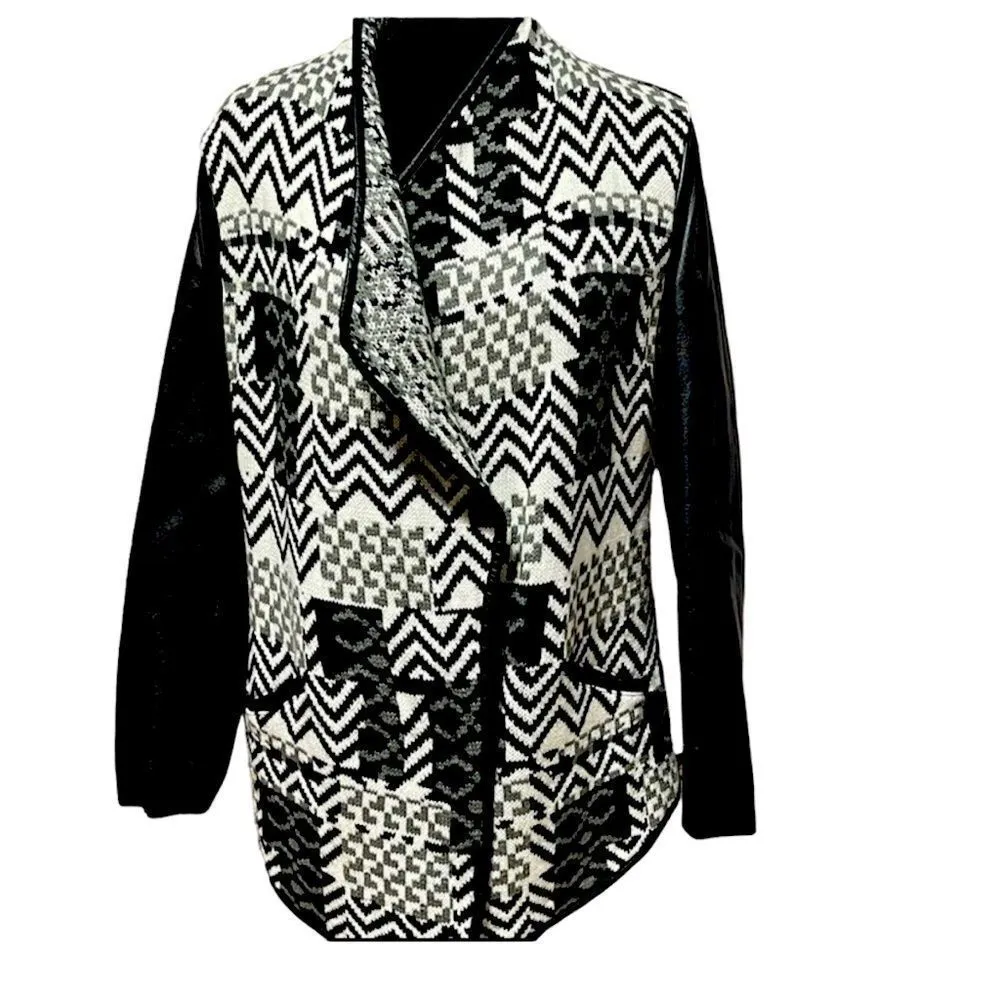Textured Woven Cardigan Front Sweater W/Leather Sleeve and Trim Small Black - Image 3