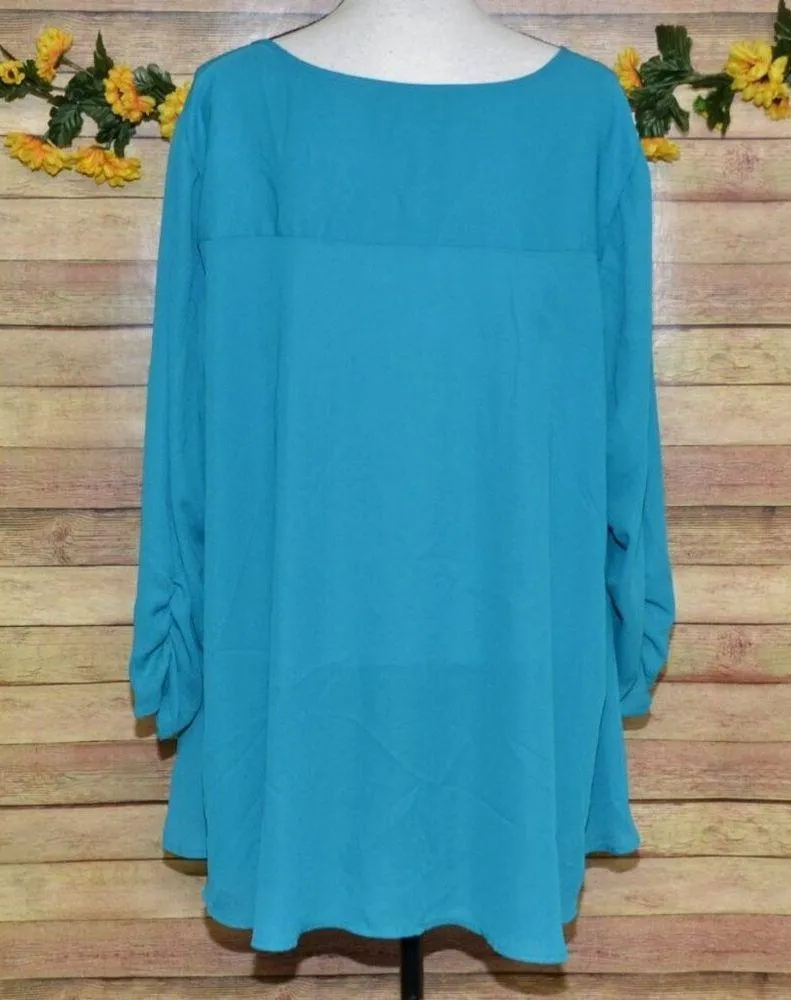 Valerie Stevens Blue Button Front Blouse Size 3X Flowy Chiffon 3/4 Ruched Sleeve - Image 8