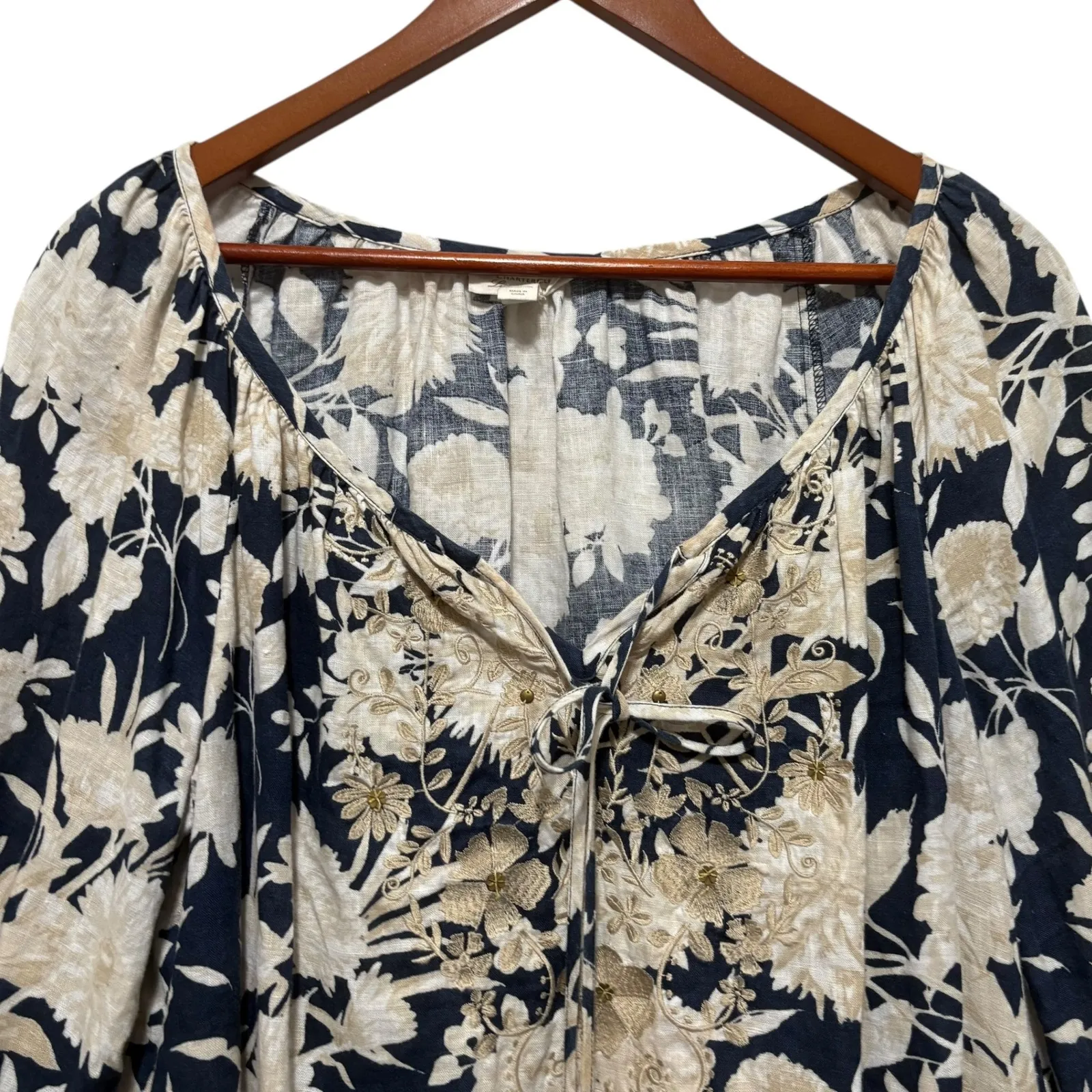 Linen Charter Club Luxury Women Tunic Top‎ 1X Navy Floral Coastal Beach Mature - Image 3