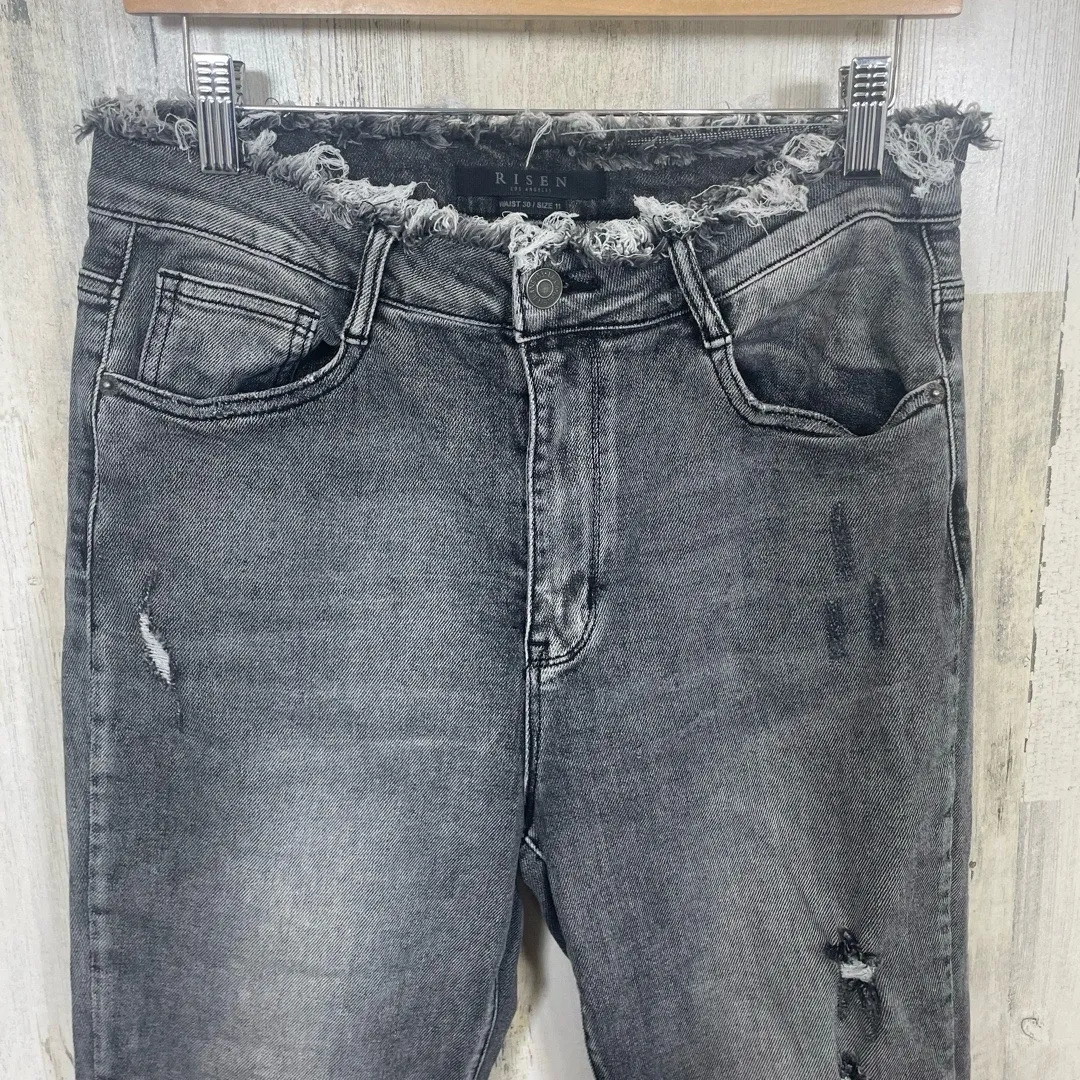 RISEN LOS ANGELES High Rise Distressed Jeans Frayed Hem Waist Dark Grey size 30 Black - Image 2