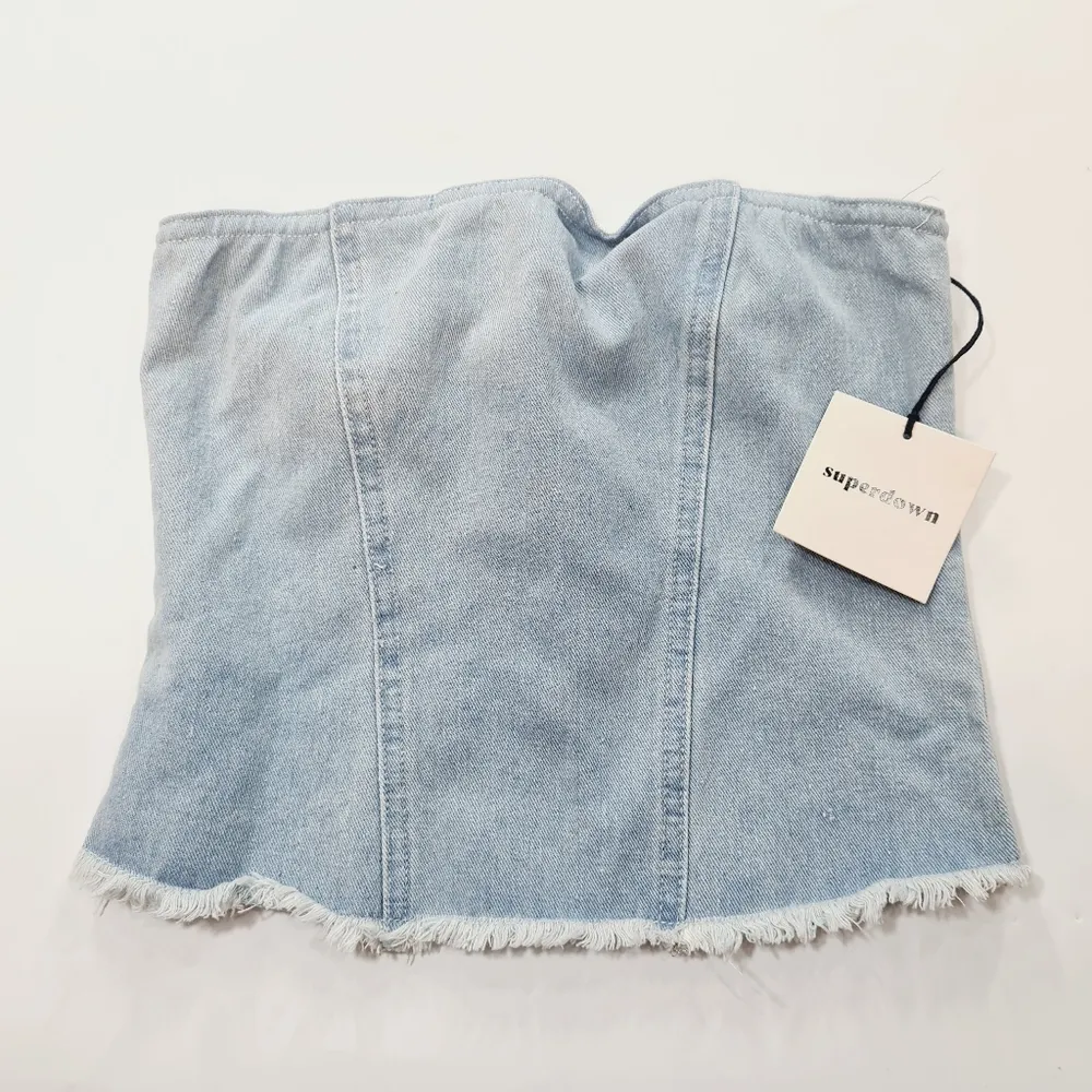 Superdown Domonique Strapless Denim Top in Denim Blue - Image 3